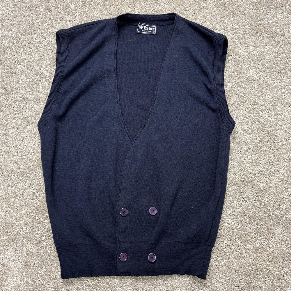 Vintage McBriar Sweater Vest Mens Large Blue Tight Knit V Neck Button USA Casual
